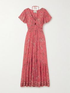 "Find ISABEL MARANT ÉTOILE Agathe Tie Floral-print Cotton And Silk-blend Crepon Maxi Dress on Editorialist. Imbued with the effortlessness and ease often associated with Parisian style, Isabel Marant designs clothes for women and their \"real lives\". Cut from airy cotton and silk-blend crepon, this 'Agathe' dress is designed with a cutout bodice framed by halterneck ties and fluttery sleeves then falls to a swishy tiered maxi skirt." Skirt Design Ideas, Tulum Vacation, Gown Outfit, Designs Clothes, Farm Work, Capsule Wardrobe Basics, Silk Shirt Dress, Tiered Maxi Skirt, Maxi Gown