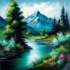 a painting of a mountain river and trees