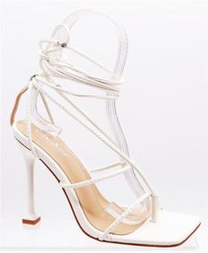 White squared toe lace up heels. White Pointed Heels, Lace Up Sandal Heels, Square Heels, Tie Up Heels, Heels White, All White Party, Chic Heels, Pointed Heels, Silver Heels