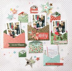 an assortment of scrapbook pages and papers on a white surface with stars around them