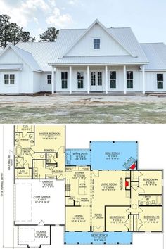 the floor plan for this modern farmhouse house is very large and has two master suites