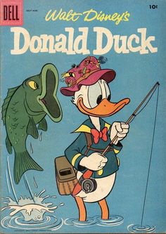 an old comic book cover with a duck fishing