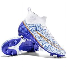 a pair of soccer shoes with blue and white designs on the upper part of the shoe