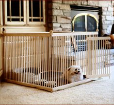 a small dog sitting in a wooden cage on the floor next to a fire place