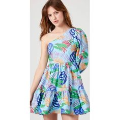 New! Forever 21 Women's One Shoulder Tropical Print Mini Dress S Blue Multi A Poplin Mini Dress Featuring An Allover Tropical Print, One-Shoulder Neckline, Single 3/4 Peasant Sleeve, Flounce Hem, And A Fit And Flare Silhouette. Condition: New With Tag. No Flaws! Size: Small Underarm-To Underarm: 17" Length: 32" Material: 100% Cotton Summer Light Blue One-shoulder Mini Dress, Light Blue One-shoulder Mini Dress For Summer, Light Blue One Shoulder Mini Dress For Summer, Blue Asymmetrical Mini Dress For Spring, Blue Mini Dress For Spring, Blue Long Sleeve Mini Dress For Spring, Flirty One-shoulder Blue Mini Dress, Blue Mini Dress For Spring Vacation, Light Blue One Shoulder Midi Dress For Summer