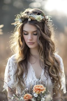 a woman with long hair and flowers in her hair is wearing a wreath on her head