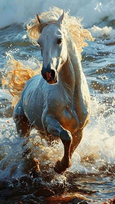 a painting of a white horse running through the ocean water with its hair blowing in the wind