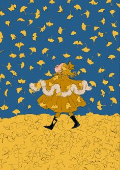 a drawing of a woman in a yellow dress and black boots with birds flying around her