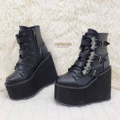 5 1/2"(140mm) Wedge Platform Lace-Up Front Ankle Boot Featuring Triple Bat Buckle Straps, Metal Inside Zip Closure New In Original Demonia Box Goth Platform Boots Demonia, Demonia Creepers, Demonia Boots, Victorian Boots, Goth Shoes, Goth Boots, Demonia Shoes, High Ankle Boots, Wedge Ankle Boots