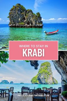 the beach and ocean with text overlaying where to stay in krabi