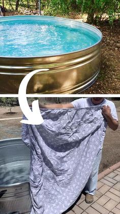 the before and after pictures show how to cover an inflatable swimming pool with tarp