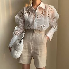 Hollow Out Floral Embroidery See Through Long Sleeve Lace White Blouse | Uniqistic.com Loose White Blouse, Floral Embroidered Shirt, White Blouse Top, Women White Blouse, Porto Rico, White Lace Blouse, White Long Sleeve Blouse, Elegant Blouses, Summer Blouses