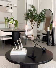 a living room filled with furniture and a table topped with a mirror next to a plant