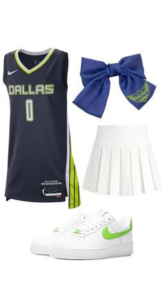 a basketball uniform, skirt, and shoe with a bow on the headband is shown