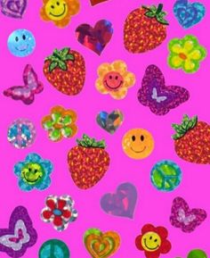 a pink background with lots of different types of buttons and hearts on it's side