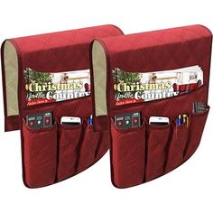 two red oven mitts with pockets for christmas cards and pencils in them, one has an ad on it