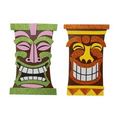 two tiki masks are shown side by side