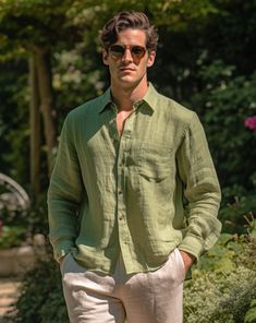 Discover the perfect summer look with our Men's Green Linen Shirt FORREST Material: Made from 100% pure, high-quality linen Sustainability: Ethically sourced and sustainable Craftsmanship: Custom tailored by expert tailors Sizing: Advanced sizing for a perfect fit, including plus sizes Details: Custom button options for added style Upgrade your wardrobe with this must-have green linen shirt. Read our Care Guide to keep your linen looking fresh. Looking for something Unique? create your own desig Forest Wedding Outfit Men, Must Have Shirts Men, Men’s Linen Looks, Men Sage Green Outfit, Best Casual Shirts For Men, Mens Fashion Italy Fall, Linen Look Men, Summer Shirt Outfit Men, Lenin Shirt Men