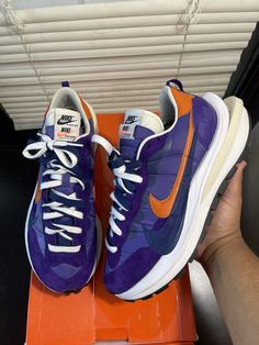 Shoes are pretty decent, honestly wanted to wear them myself but im too fat, comes with the original box, insoles and even extra laces, no flawing besided midsole creasing which you cant see, a different shoe ngl but ever since it released, this purple color i cant seem not be pleased by it with its model. Follow my insta at cckixks for a better deal! Purple Sneakers With Laces For Running Errands, Purple Sneakers With Laces, Nike Running Shoes With Rubber Waffle Outsoles, Purple Sneakers With Vibram Sole And Round Toe, Purple Sneakers With Vibram Sole, Nike Sacai Vaporwaffle, Nike Sacai, I Cant, Purple Color