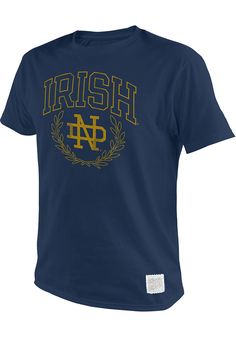 a navy t - shirt with the words irish in gold letters and laurels on it