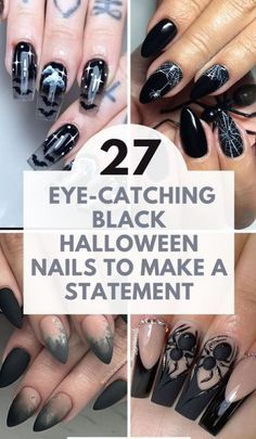 Cute Black Halloween Nails, Halloween Nails Powder Dip, Black Nails Halloween Art Designs, Black Nail Halloween Designs, Classy Spooky Nails, Black And White Halloween Nail Designs, Sophisticated Halloween Nails, Matte Black Halloween Nails Design, Elegant Halloween Nails Design