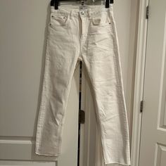 Straight Jeans. Never Worn But Has No Tag. Smoking/Pet Free House Cream Cropped Leg Jeans For Spring, Chic Zara Jeans With Frayed Hem, Chic Spring Jeans By Zara, Zara Jeans With Frayed Hem For Spring, Zara Mid-rise White Jeans, White Zara Denim Jeans, Zara Jeans For Day Out, Straight Leg, Zara White Mid-rise Jeans, Chic Zara Jeans For Day Out