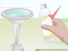 a hand holding a bottle next to a sink with water in it and an object on the ground