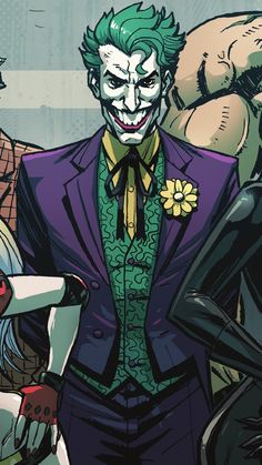 the joker is standing in front of some other characters