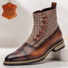 Category:Boots; Upper Materials:Cowhide; Lining Materials:Leather; Season:Fall,Winter; Gender:Men's; Toe Shape:Round Toe; Outsole Materials:Rubber; Occasion:Daily,Home; Closure Type:Magic Tape; Function:Comfortable,Slip Resistant; Listing Date:09/19/2024; 2024 Trends:Plaid Retro Ankle Boots For Winter, Wool Ankle Boots For Fall, Vintage Cap Toe Boots For Fall, Vintage Winter Workwear Boots, Winter Leather Boots With Buttons, Retro Brown Winter Boots, Brown Cap Toe Winter Boots, Cap Toe Boots For Winter Workwear, Fall Boots With Button Closure And Round Toe