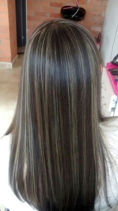 Strait Across Haircut, Medium Brown With Ash Blonde Highlights, Tiny Highlights In Dark Hair, Chunky Ash Highlights, Light Brown Hair W Highlights, Blonde Highlights On Black Hair Straight, Brunette Hair With Silver Highlights, White Highlights Brown Hair, Silver Highlights Brown Hair