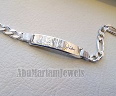 Men silver filigree bracelet Palestine laser engraving or any personalized name sterling silver 925 man gift with nice box chain and plate style Bracelet length : 20 cm ( 8 Inches ) Plate width : 9 mm Customized name or word / 2 words Approximate weight : 15 grams please write in the notes the name with the order and if different bracelet length needed . Men Silver Bracelet, Filigree Bracelet, Map Pendant, Mens Bracelet Silver, Baby Jewelry, Name Jewelry, Rings Cool, Silver Filigree, High Quality Jewelry