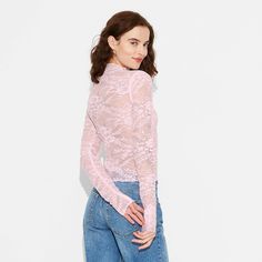 Women's Long Sleeve Lace Sequin Top - Wild Fable™ Light Pink S Stretch Long Sleeve Lace Top, Fitted Mock Neck Top For Night Out In Spring, Stretch Lace Long Sleeve Top, Spring Elegant Long Sleeve Mock Neck Top, Elegant Spring Long Sleeve Mock Neck Top, Elegant Long Sleeve Mock Neck Top For Spring, Fall Stretch Lace Top, Stretch Lace Top For Fall, Pink Fitted Lace Top