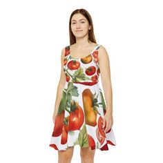 Whether it's hitting the town or lounging around, this custom skater dress brings an unmatched flair to any woman's wardrobe. Made with a high-quality, 290gsm fabric blend that is 83% polyester, 17% spandex, it's comfy, stretchy and a perfect match to any occasion. Add your art in an all-over print and create an instant favorite for any day of the week.  .: Material: 83% polyester, 17% spandex .: Medium-heavy fabric (8.5 oz /yd² (290 g/m .: Mid-length .: Seam thread color automatically matched to design (black or white) .: Assembled in the USA from globally sourced parts .: *Asymmetrical skirt (in places could be longer or shorter) Fitted Sleeveless Dress With Fruit Print, Fun Fitted Mini Dress, Fun Fitted Dress For Garden Party, Fun Fitted Printed Dresses, Casual Fitted Dress With Fruit Print, Fitted Fruit Print Summer Dress, Fitted Summer Dress With Fruit Print, Funny Dresses, Fun Dress