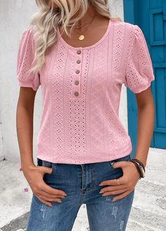 Henley Neckline Button T-shirt For Spring, Henley Neckline Buttoned T-shirt For Spring, Pink Crew Neck Top With Button Closure, Pink Round, Short Sleeve T Shirt, Round Neck, Pink, T Shirt, Clothes