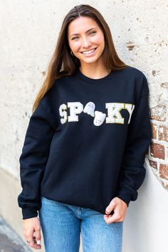 Get ready for SpOoKy Season with this cute and comfy sweatshirt! Spooky Black Sweatshirt With Graphic Print, Cute Black Sweatshirt With Letter Print, Cute Fall Sweatshirt For Streetwear, Cute Sweatshirt For Fall Streetwear, Cute Fall Streetwear Sweatshirt, Cute Black Crew Neck Sweater, Cute Streetwear Sweatshirt For Fall, Spooky Black Crew Neck Hoodie, Black Spooky Crew Neck Hoodie