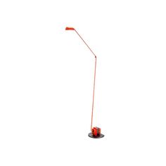 a red floor lamp with a black base and an orange light on the top of it