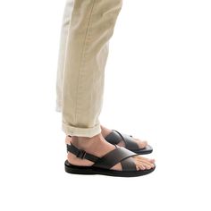 Model wearing Elan Buckle black, handmade leather sandals with back strap - Front View Ankle Strap Sandals Flat, Toe Loop Sandals, Casual Fridays, Mens Leather Sandals, Closed Toe Sandals, Ankle Strap Flats, Buckle Sandals, Leather Slides, Open Toe Sandals