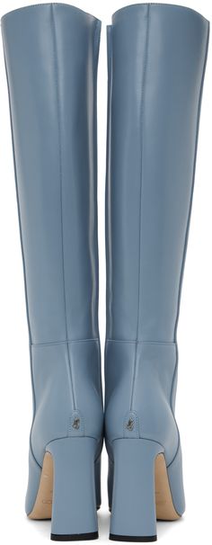 Knee-high buffed calfskin boots in blue. · Square toe · Zip closure at inner side · Logo hardware at heel counter · Grained leather lining · Covered block heel with rubber injection · Nubuck outsole with with rubber injection · Heel: H3.5 in Supplier color: Smokey blue Formal Blue Leather Heeled Boots, Office Calf Leather Boots With Padded Heel, Blue Leather Knee-high Boots For Fall, Blue Leather Heeled Boots With Snip Toe, Blue Leather Knee-high Heeled Boots, Jimmy Choo Boots, Smoky Blue, Knee High Leather Boots, Boots Knee