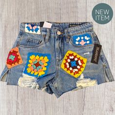 Nwt Sold Out Size Crochet Denim Short Shell: 100% Cotton - Trim: 100% Polyester Distressed Cut Off Casual Patchwork Shorts For Spring, Patchwork Cotton Jean Shorts For Spring, Trendy Patchwork Shorts For Spring, Denim Blue Patchwork Shorts For Spring, Denim Blue Patchwork Jean Shorts For Spring, Casual Patchwork Jean Shorts In Medium Wash, Multicolor Denim Jean Shorts For Spring, Medium Wash Patchwork Jean Shorts For Summer, Summer Patchwork Jean Shorts In Medium Wash