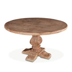 a round wooden table with four legs and a circular wood top on an isolated white background