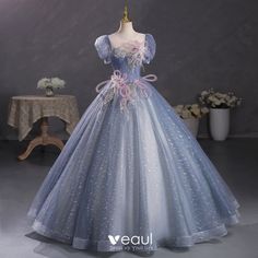 Cinderella Quince, Scoop Neck Prom Dress, Flower Prom Dress, Dress Quinceanera, Quinceanera Dresses Blue, Wedding Dress Sequin, Marine Uniform, Sequin Wedding, Elegant Prom Dresses