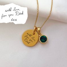 Combining our Engraved Jewellery & our Birthstone Charm to make a perfectly personalised necklace you'll love! This beautiful yellow gold disc necklace can be completely customised to you or your loved one - it's pure magic! Combining our handwriting charms with our sparkling Swarovski birthstone charm to make a beautiful dedication to a loved one - all it takes is a photo of their handwriting for our engraving team to work from! Our yellow gold vermeil disc charm measures 12mm across the front Customizable Round Pendant Necklace For Father's Day, Customizable Gold Round Birthstone Necklace, Personalized Yellow Gold Round Birthstone Necklace, Personalized Round Yellow Gold Birthstone Necklace, Customized Round Pendant Necklace For Father's Day, Gold Round Birthstone Necklace For Personalized Gift, Gold Birthstone Necklace For Personalized Gift, Round Necklace With Engraving Option For Father's Day, Round Pendant Necklaces With Engraving For Father's Day