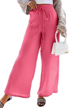 Rose Textured Wide Leg Drawstring High Waist Pants Pink Drawstring Lounge Pants, Pink Drawstring Loungewear Pants, Pink Drawstring Pants For Loungewear, Pink Wide Leg Pants With Drawstring, Stretch Pink Pants With Drawstring, Pink Stretch Pants With Drawstring, Trendy Pink Drawstring Pants, Pink Drawstring Trousers, Pink Cotton Beach Pants