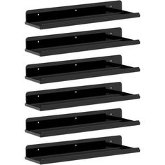 four black shelfs with metal brackets on the top and bottom, each holding three different items