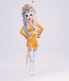 an animated doll is dressed in yellow and orange clothing with flowers on her head, standing against a white background