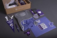 purple items are laid out on the table to be used as an office supply unit