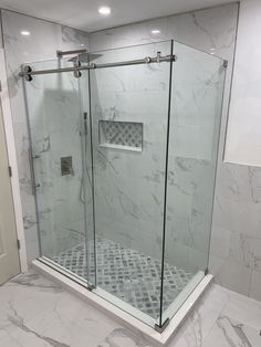 a walk in shower sitting inside of a bathroom