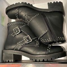 Bnwt Design Lab Black Moria Moto Boots Womens 7 Never Worn Can Ship With Or Without Box Please Let Me Know Smoke Free Doberman Friendly Home Black Faux Leather Boots With Rivets, Casual Black Combat Boots With Rivets, Black Ankle-high Moto Boots With Studded Outsoles, Edgy Ankle-high Faux Leather Moto Boots, Black Ankle Moto Boots With Reinforced Toe, Black Boots With Rivets And Round Toe, Trendy Ankle-high Moto Boots With Rivets, Black Round Toe Boots With Rivets, Black Ankle-high Faux Leather Moto Boots