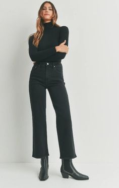 High Rise Full Length Straight Jeans In Black - Wedges And Wide Legs Boutique Womens Christmas Party Outfits, Casual Christmas Party Outfit, Straight A, Relaxing Weekend, Boho Beauty, Business Casual Outfits For Work, Christmas Party Outfits, Cropped Flare Jeans, Cropped Flares