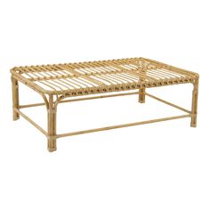 a bamboo bed frame with no sheets on it, sitting against a white background for use as a coffee table or end table